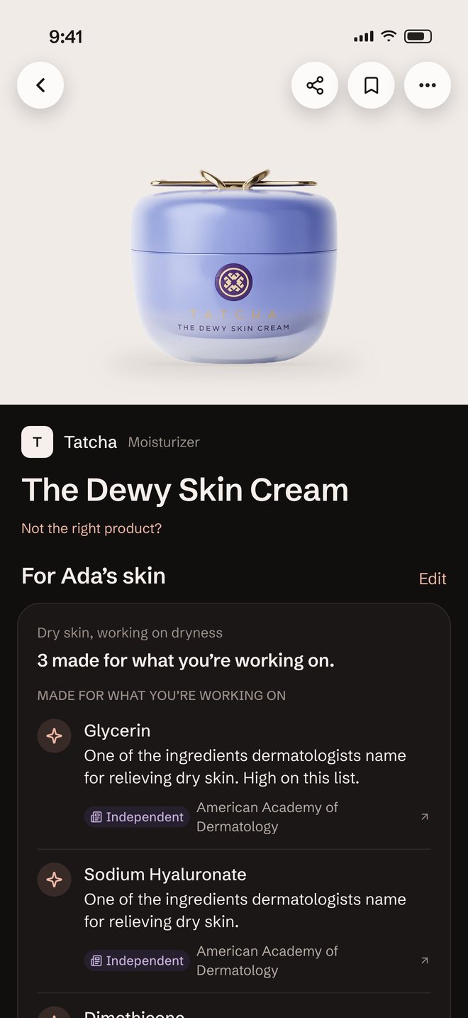 The Skinventry app on Tatcha The Dewy Skin Cream for dry skin: three ingredients made for what you're working on, each with its source.
