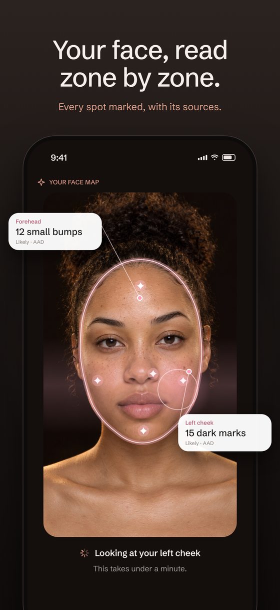 Skinventry app screen: Your face, read zone by zone. A soft outline around the face, twelve small bumps on the forehead and fifteen dark marks on the left cheek, each with its sources.