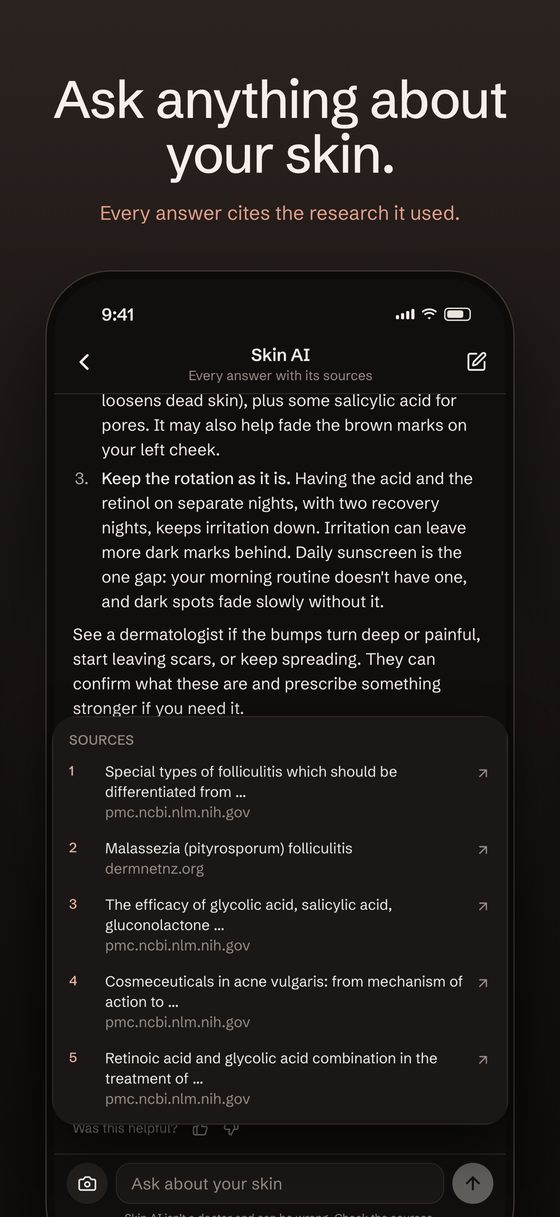 Skinventry app screen: Ask anything about your skin. Skin AI explains the bumps on a face map, names what on the shelf works on them, and cites its sources.