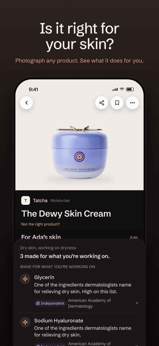 Skinventry app screen: Is it right for your skin? Tatcha The Dewy Skin Cream checked for dry skin, each ingredient with its source.