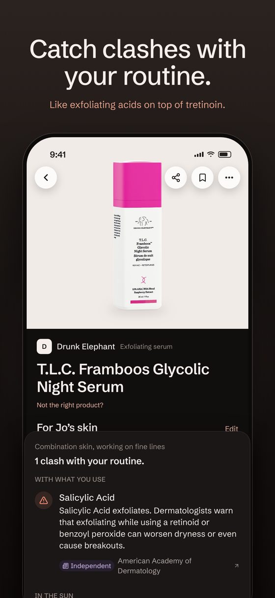 Skinventry app screen: Catch clashes with your routine. Drunk Elephant T.L.C. Framboos flagged for someone on tretinoin.