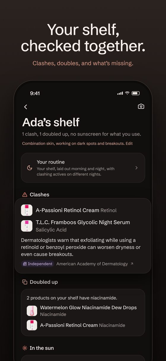 Skinventry app screen: Your shelf, checked together. A retinol cream and an acid serum that clash, niacinamide twice, and no sunscreen.