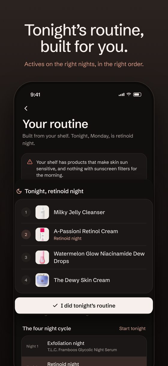 Skinventry app screen: Tonight’s routine, built for you. Actives on the right nights, in the right order.