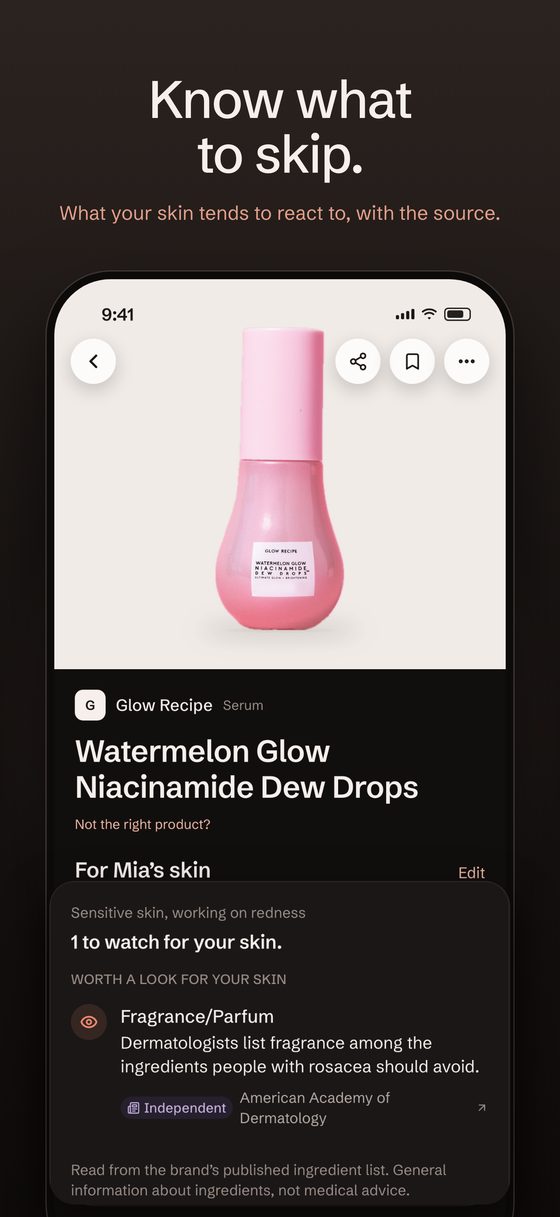 Skinventry app screen: Know what to skip. Glow Recipe Dew Drops checked for sensitive skin with redness: fragrance, with the source.