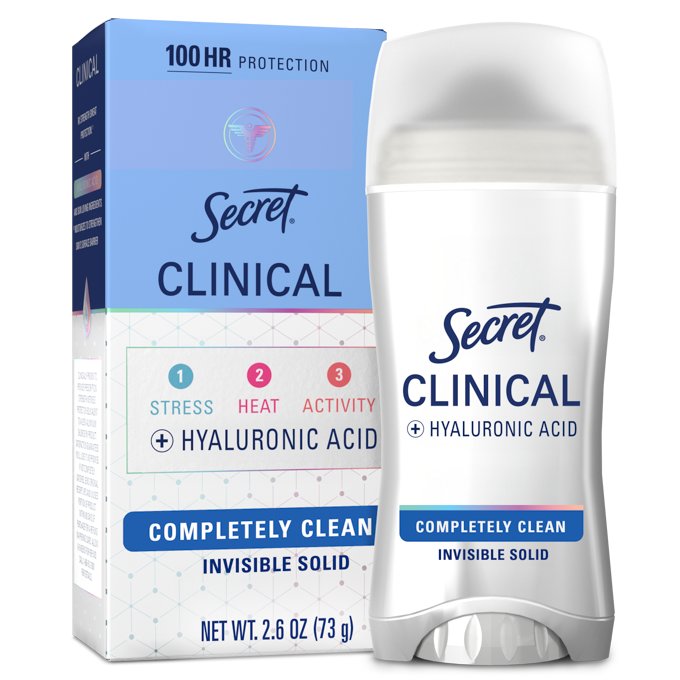 Secret Clinical Completely Clean Invisible Solid pack and box, labeled Antiperspirant Deodorant with 100 HR Protection claim