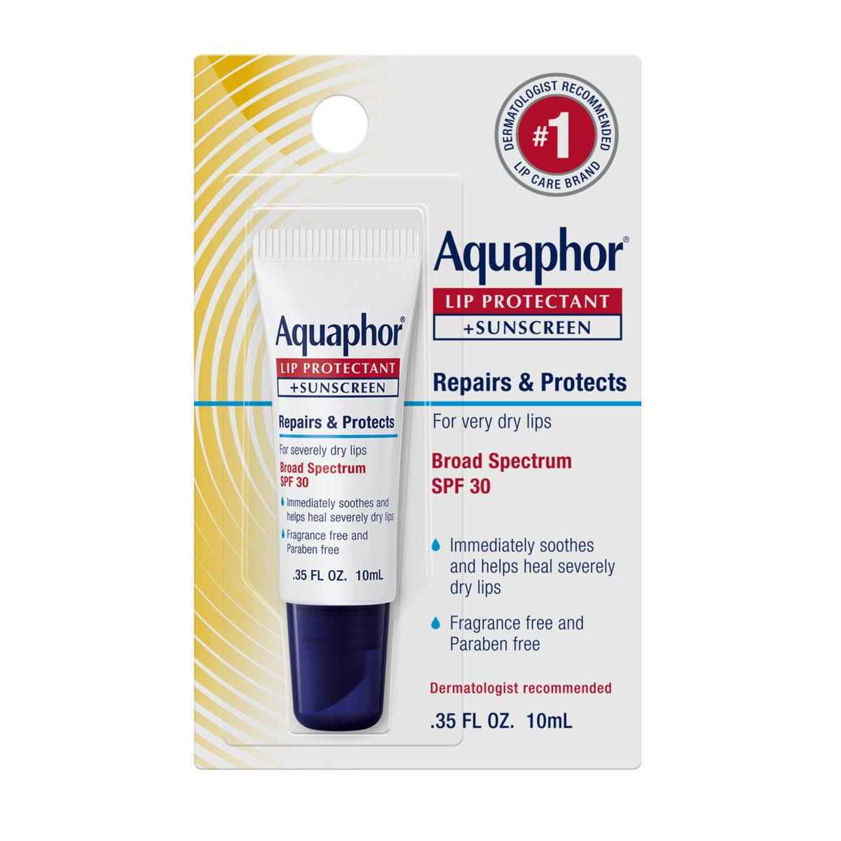 Aquaphor Lip Protectant plus Sunscreen SPF 30 tube in its retail blister pack