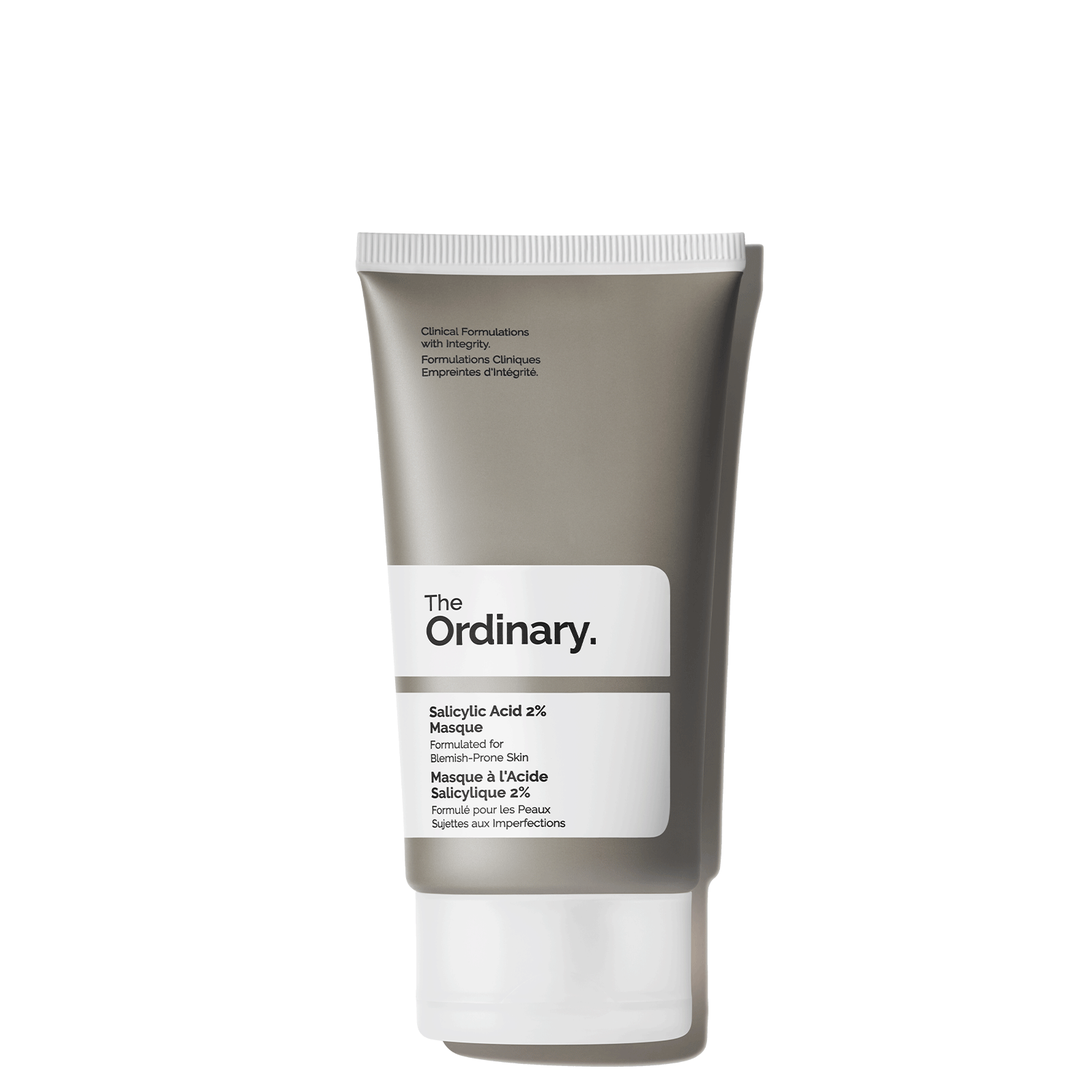 The Ordinary Salicylic Acid 2% Masque bottle in profile against a plain gray background, red clay mask visible through the semi opaque bottle wall