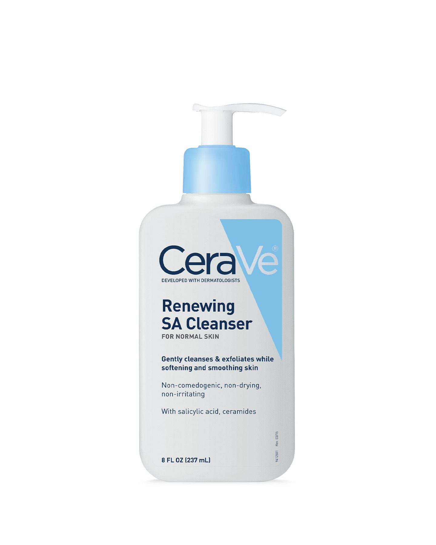 A white CeraVe Renewing SA Cleanser pump bottle with a light blue cap, labeled For Normal Skin and With salicylic acid, ceramides, 8 fluid ounces