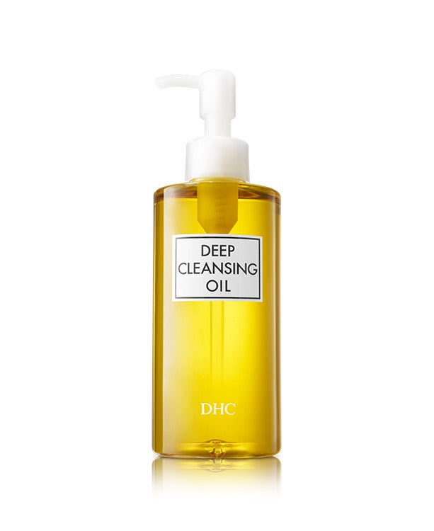 Golden bottle of DHC Deep Cleansing Oil, an olive oil and squalane based Japanese cleanser, against a plain white background