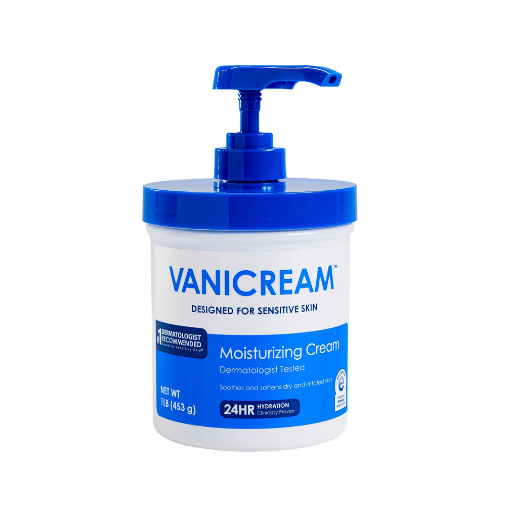 White tub with a blue pump of Vanicream Moisturizing Cream, dermatologist tested, 1 pound size