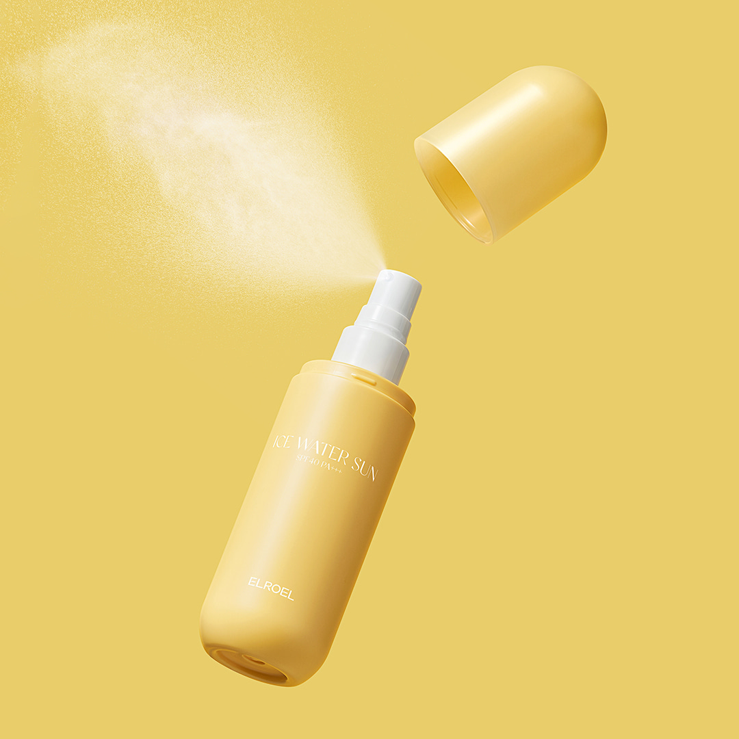 ELROEL Ice Water Sun Mist 100ml pump mist bottle in white and blue, SPF 50 Plus PA Plus Plus Plus Plus Korean sunscreen