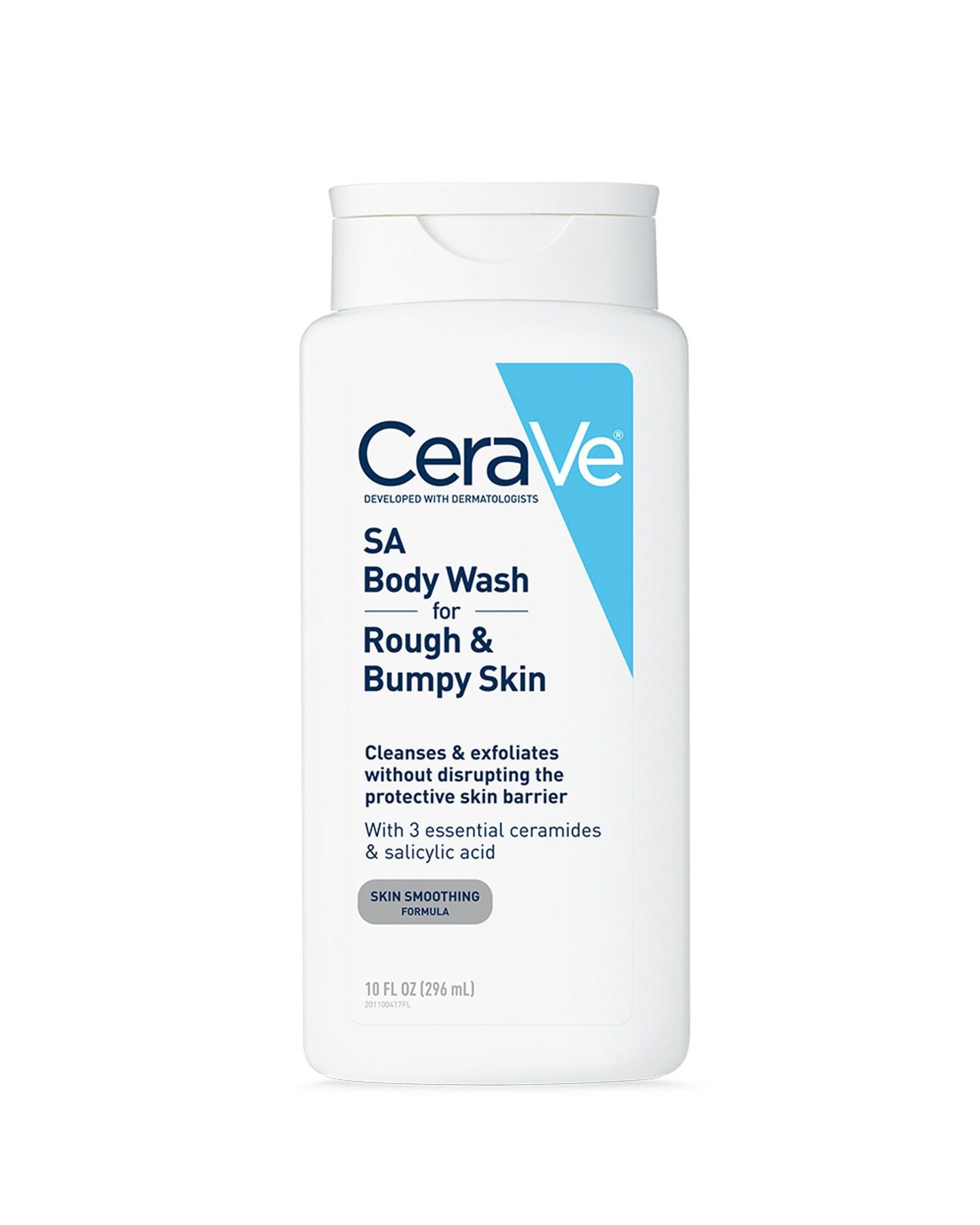 CeraVe SA Body Wash for Rough and Bumpy Skin 10 fl oz white plastic bottle front label listing cleanses and exfoliates and three essential ceramides and salicylic acid, no Drug Facts panel visible