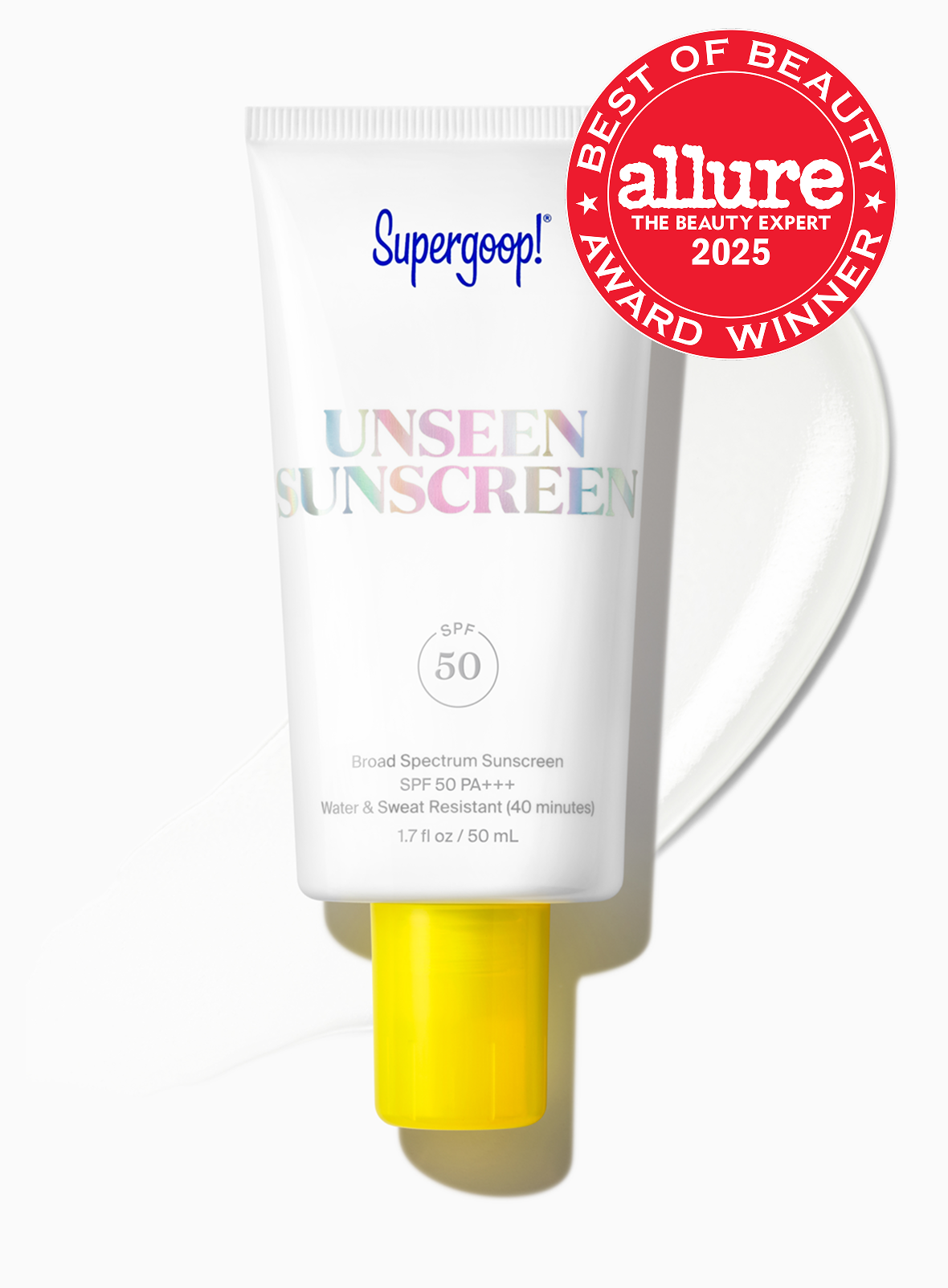 Supergoop Unseen Sunscreen SPF 50 tube with Allure 2025 Best of Beauty award winner seal
