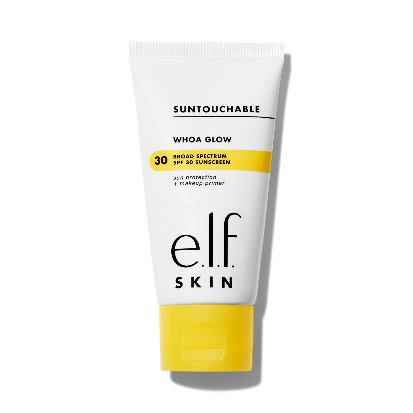 Yellow and white tube of e.l.f. Suntouchable Whoa Glow SPF 30 sunscreen and makeup primer