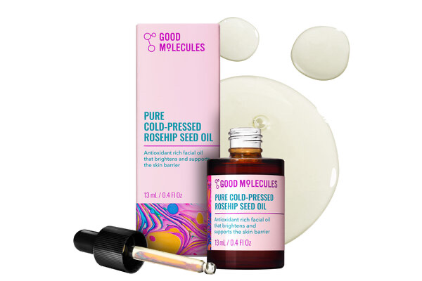 Amber glass dropper bottle of Good Molecules Pure Cold Pressed Rosehip Seed Oil with its pink box