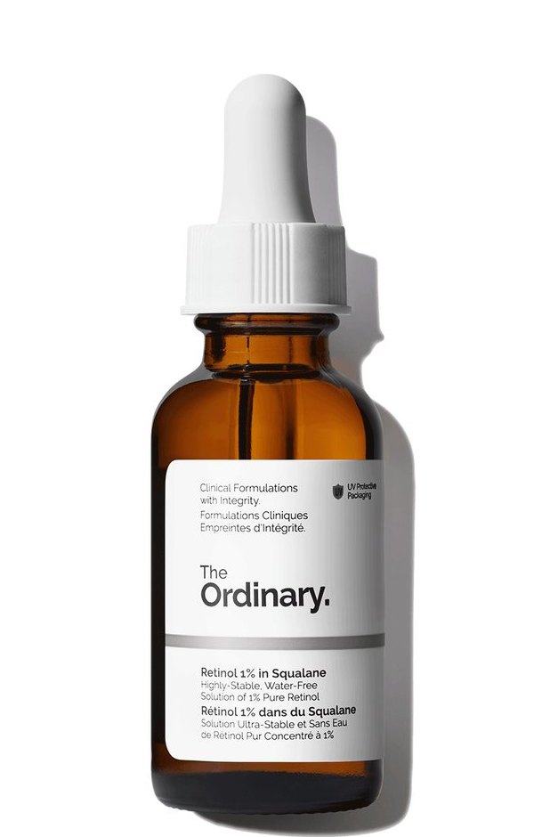 The Ordinary Retinol 1% in Squalane amber dropper bottle, label reading Solution of 1% Pure Retinol in English and French