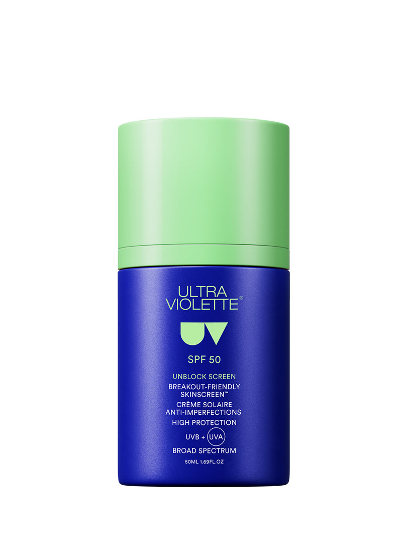 A deep blue 50 mL bottle of Ultra Violette Unblock Screen SPF 50 with a pale green cap, labelled Breakout Friendly Skinscreen, 1.69 fl oz, UVB plus UVA broad spectrum, against a plain white background
