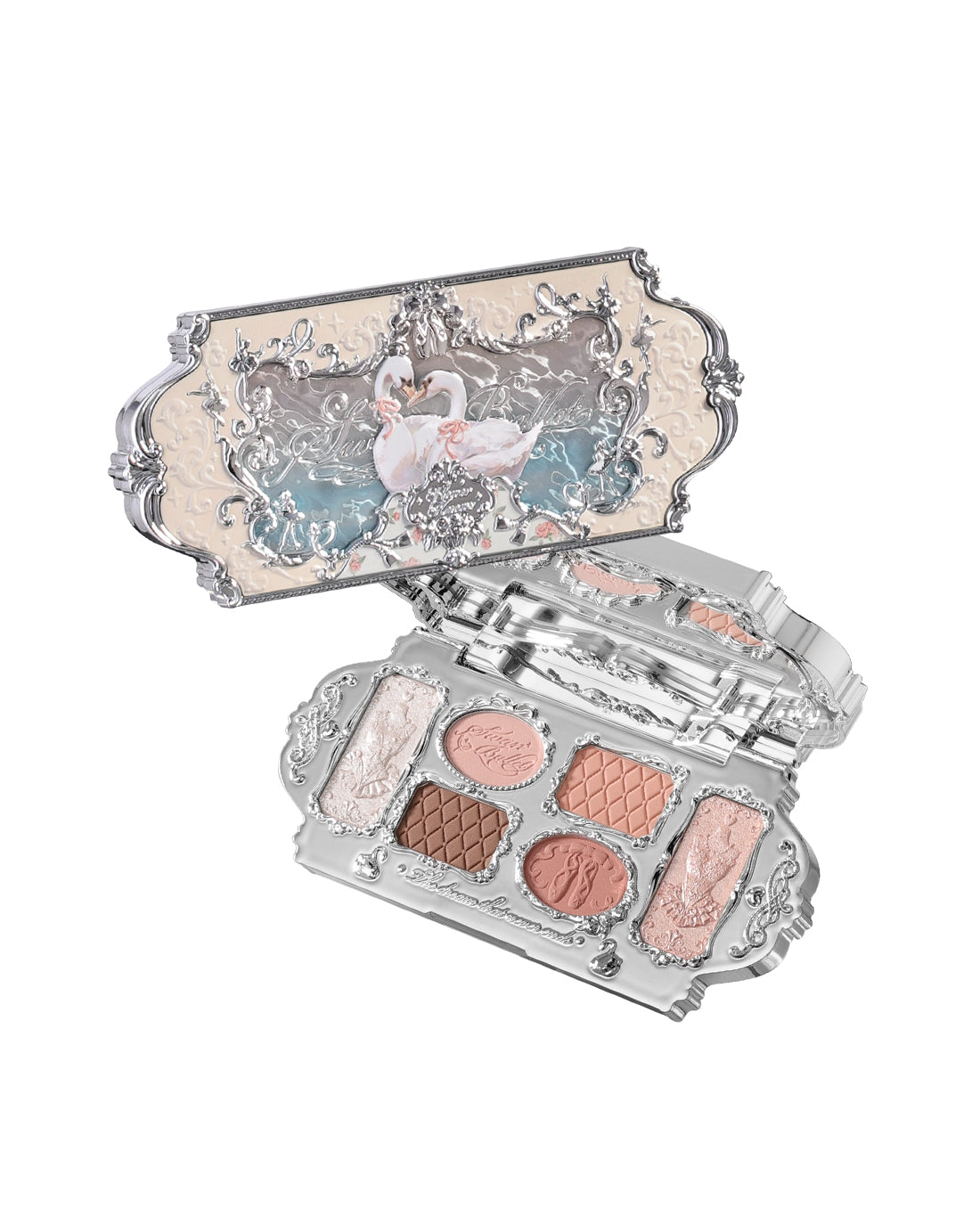 Flower Knows Swan Ballet Six Color Makeup Palette, pink gift box with six round pans in pastels and matte setting shades