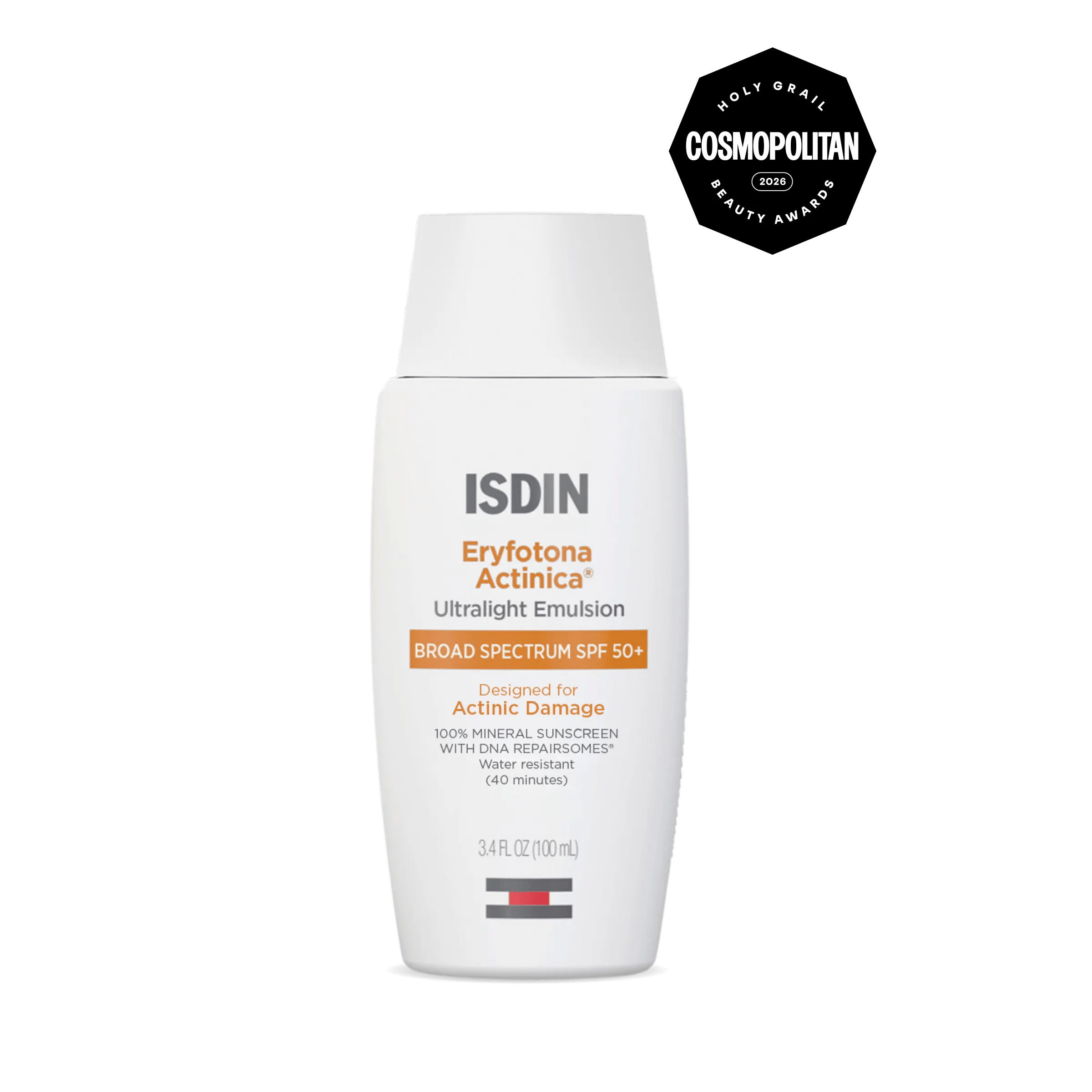 ISDIN Eryfotona Actinica Ultralight Emulsion SPF 50+ bottle on a plain background, with the brand name and SPF rating visible on the pack