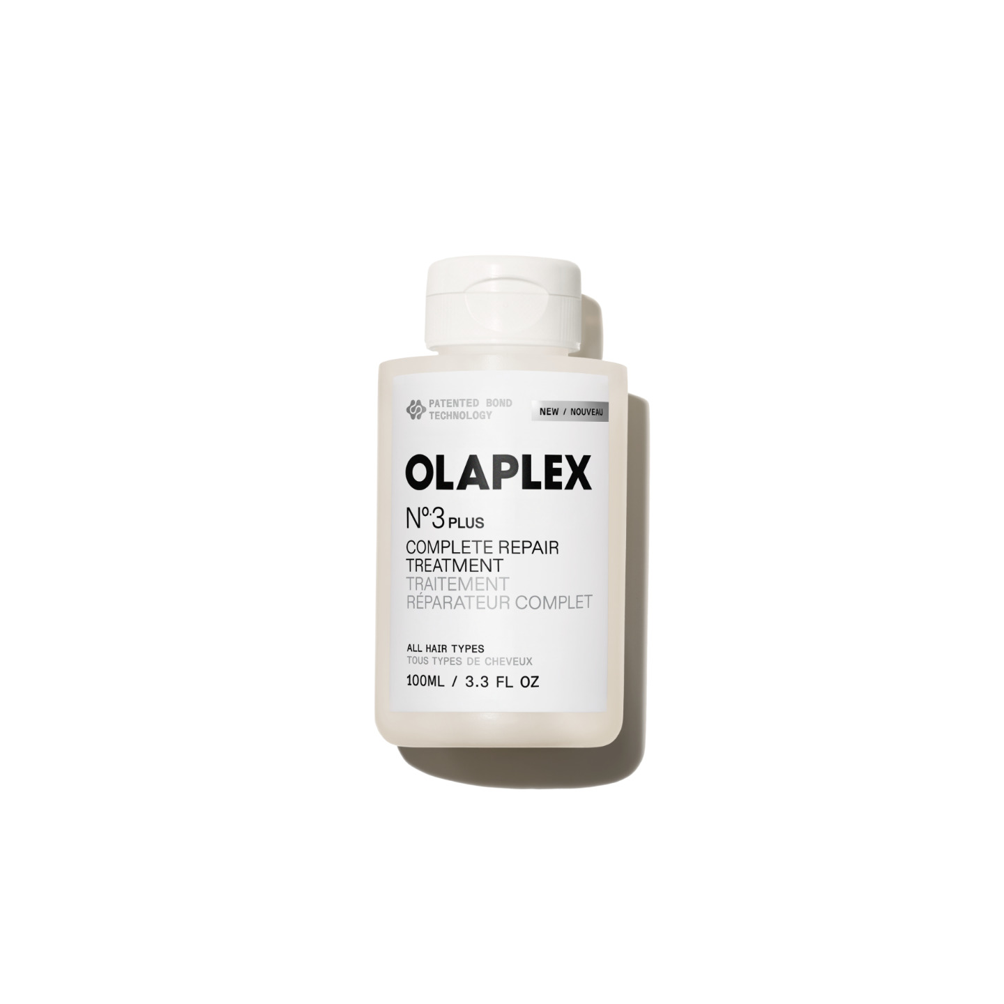 Olaplex Nº.3 PLUS Complete Repair Treatment 100 milliliter jar, white and gold label, product packshot on a plain background
