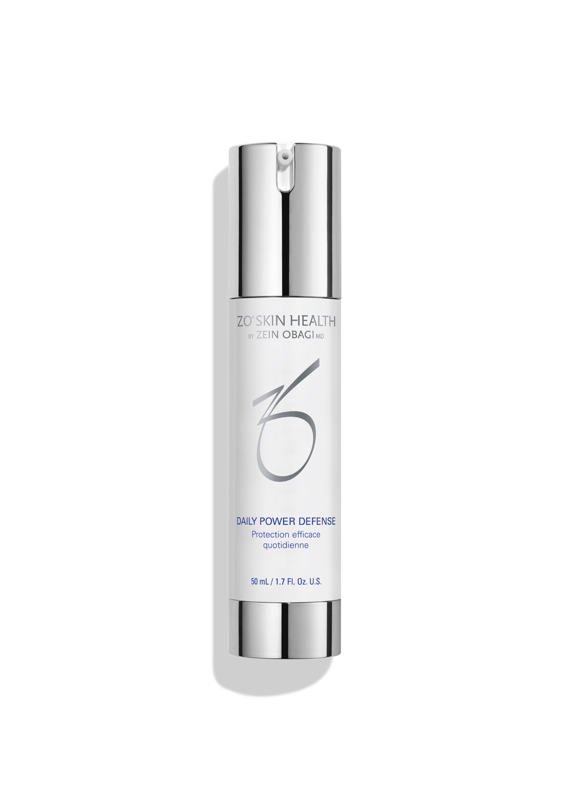 ZO Skin Health Daily Power Defense in its tall white bottle on a plain background, the brand's hero retinyl palmitate step and the anchor of nearly every ZO provider's regimen