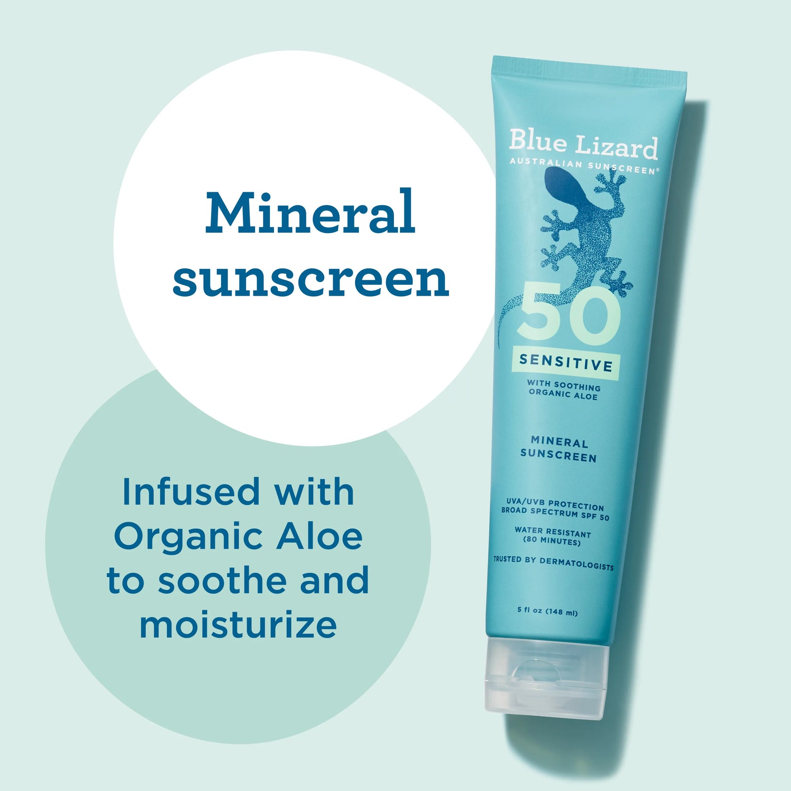Blue Lizard Sensitive Mineral SPF 50 Lotion in a 5 fluid ounce tube on a pale blue backdrop, the product sold as a dermatologist trusted mineral sunscreen.