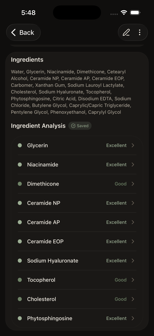 Ingredient Analysis — every ingredient rated, Excellent to Avoid