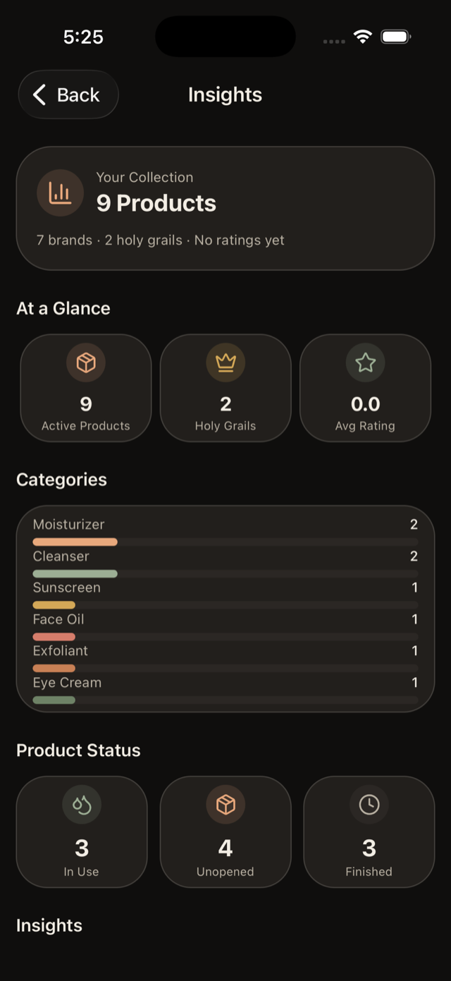 Insights — collection stats and categories