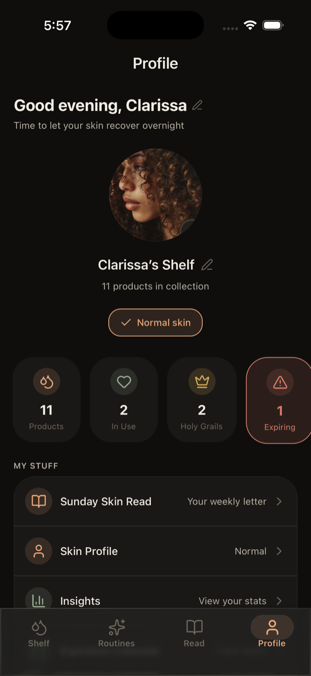 Clarissa's Skinventry profile — her shelf, skin type, and stats