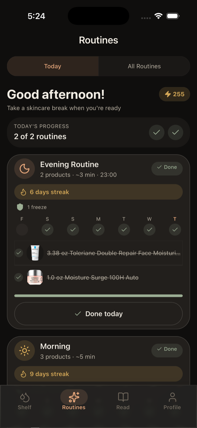 Routines — streaks and daily progress