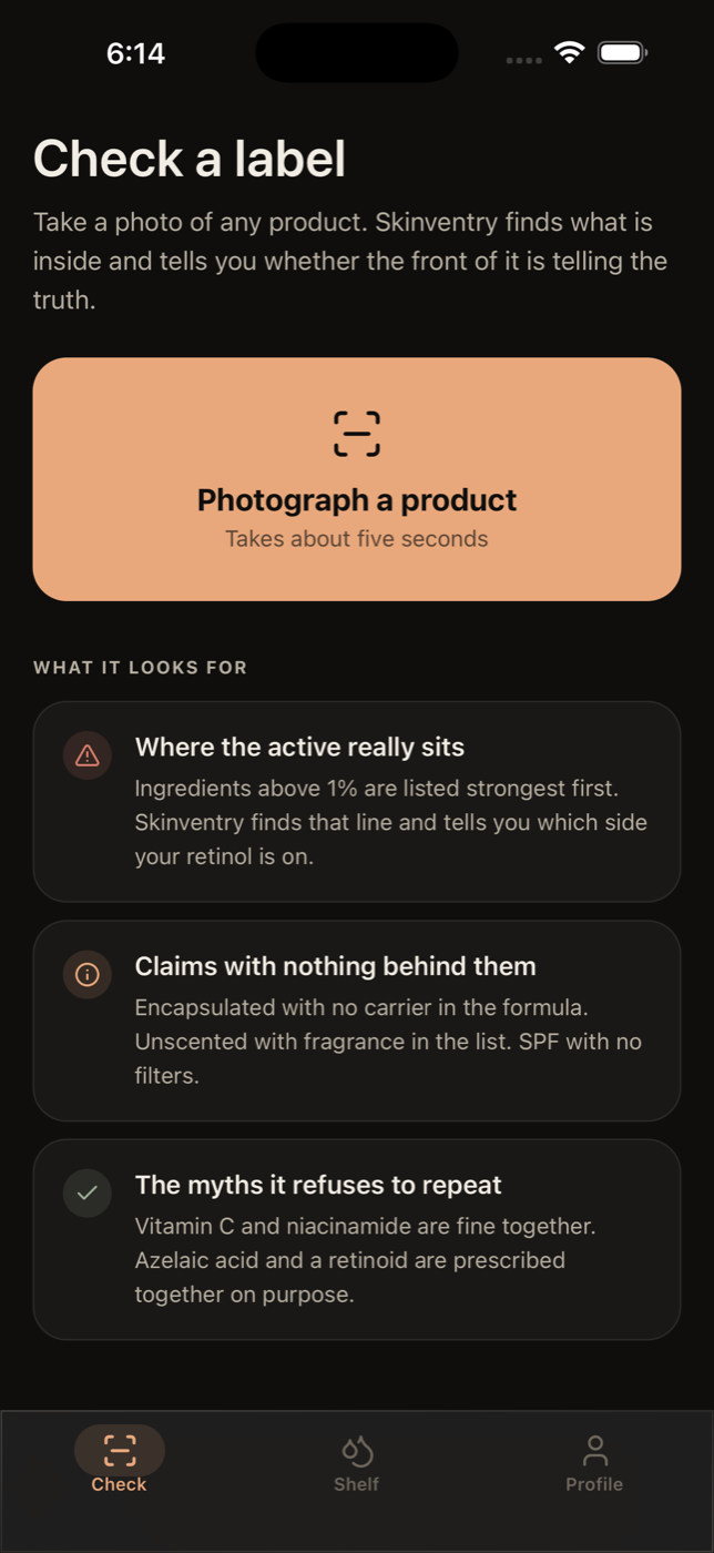 Skinventry, open on the check screen: photograph a product