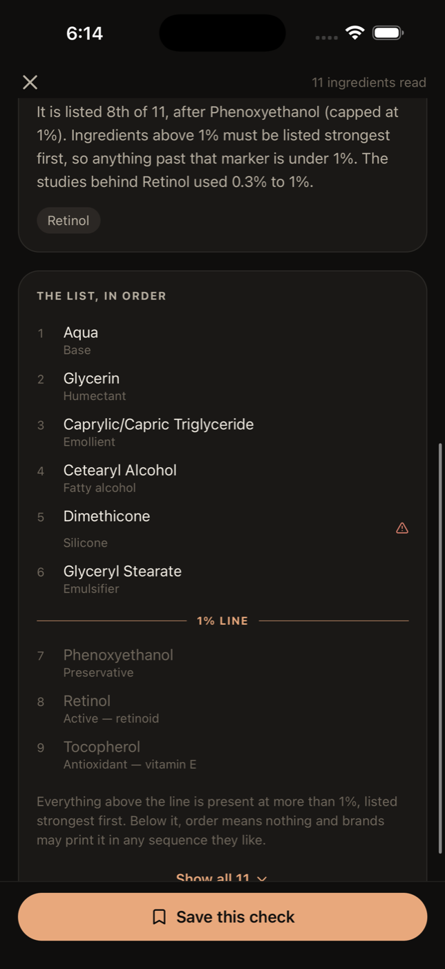 The ingredient list with the 1% line drawn through it